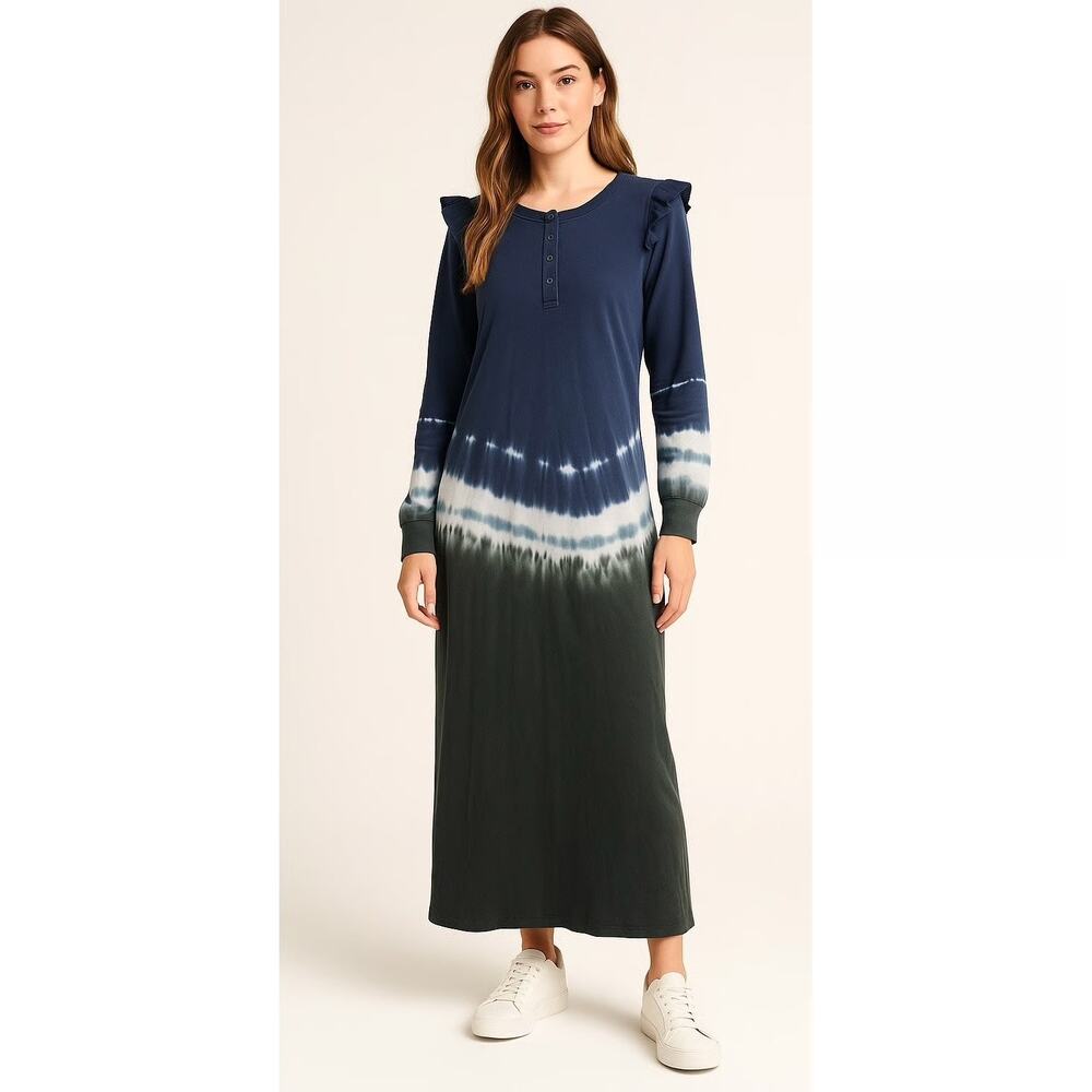 Z Supply Long Sleeve Dress M Blue Tie Dye Henley Ruffle Modest Minimalist NWT